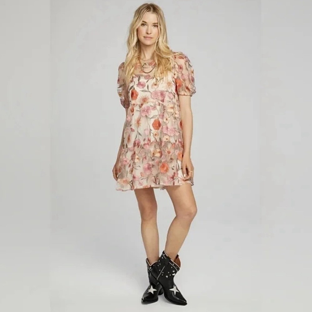 saltwater LUXE Sheer Floral Mini Dress in Pink, Orange, Cream - Picture 2 of 8